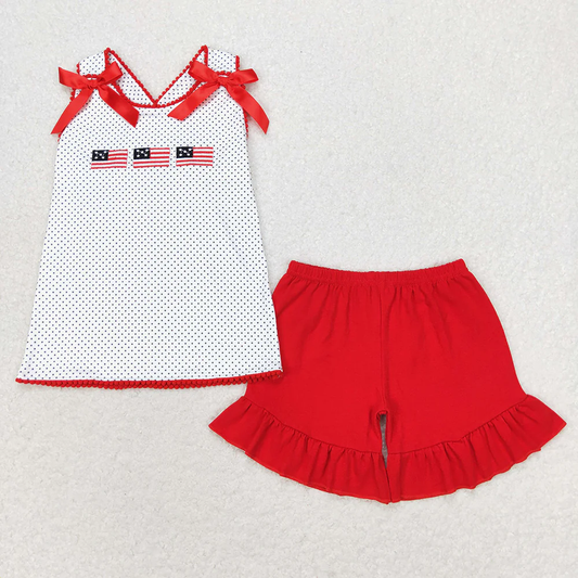 RTS NO MOQ Summer Sibling Baby Girls 4th Of July Flags Top Bummie Shorts Outfits