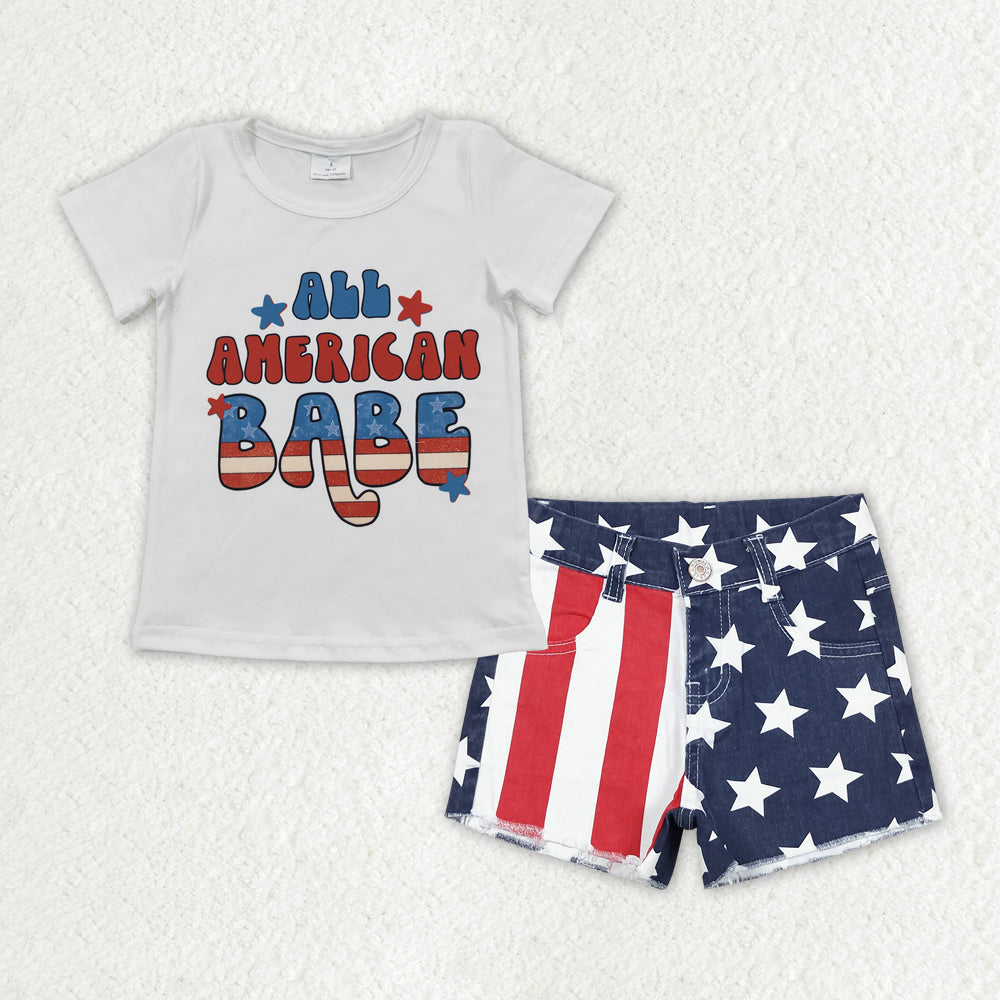 GSSO1438 Baby Girls All American Babe Shirt Top Star Stripes Denim Shorts Clothes Sets