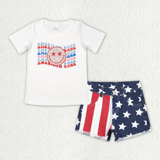 GSSO1439 Baby Girls American Shirt Top Star Stripes Denim Shorts Clothes Sets