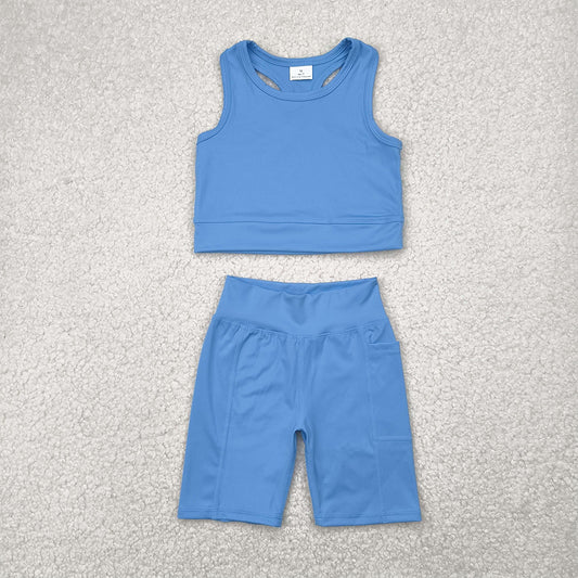 RTS NO MOQ Baby Girls Summer Kids Sets GSSO1515 Blue Athletic Active Wear Top Shorts Clothes Sets