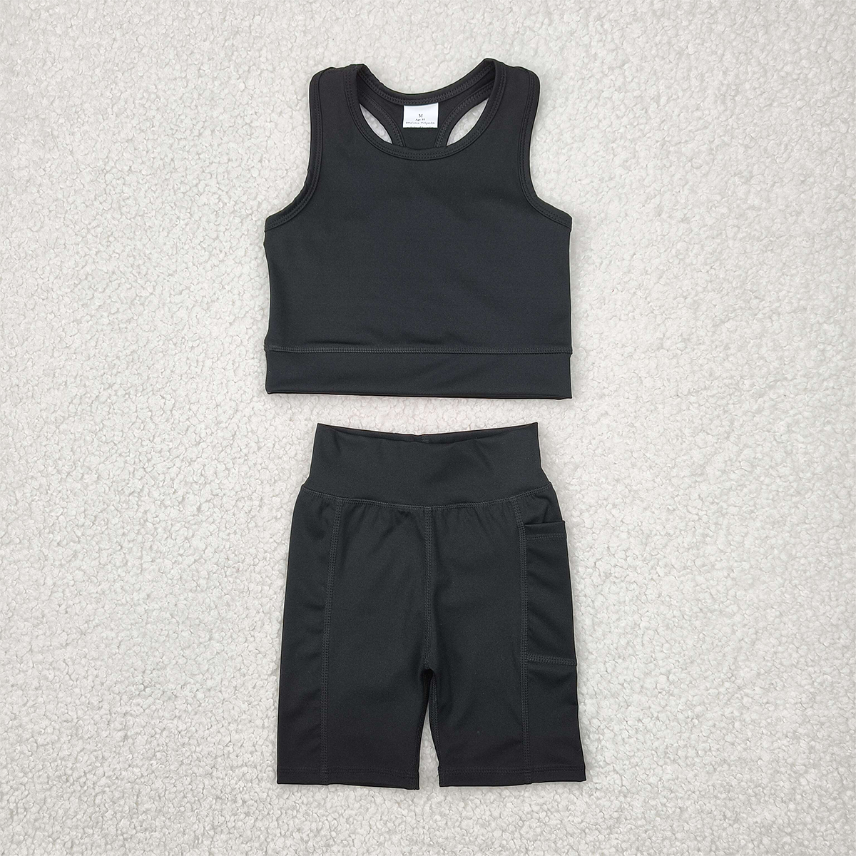 RTS NO MOQ Baby Girls Summer Kids Sets GSSO1517 Black Athletic Active Wear Top Shorts Clothes Sets