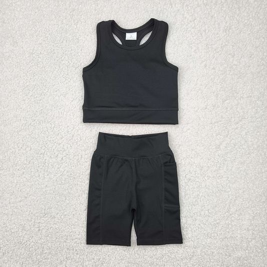 RTS NO MOQ Baby Girls Summer Kids Sets GSSO1517 Black Athletic Active Wear Top Shorts Clothes Sets