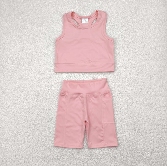 RTS NO MOQ Baby Girls Summer Kids Sets GSSO1518 Light Pink Vest Top Sports Shorts Clothes Sets