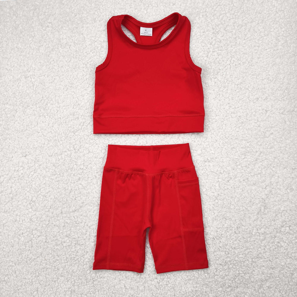 RTS NO MOQ Baby Girls Summer Kids Sets GSSO1519 Red Athletic Active Wear Top Shorts Clothes Sets