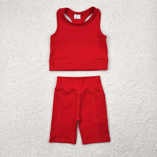 RTS NO MOQ Baby Girls Summer Kids Sets GSSO1519 Red Athletic Active Wear Top Shorts Clothes Sets