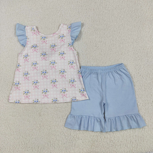 5.19 RTS NO MOQ Baby Girls Summer Sets GSSO1577 Pink Checkered Flutter Sleeve Bows Tunic Ruffle Shorts Clothes Sets