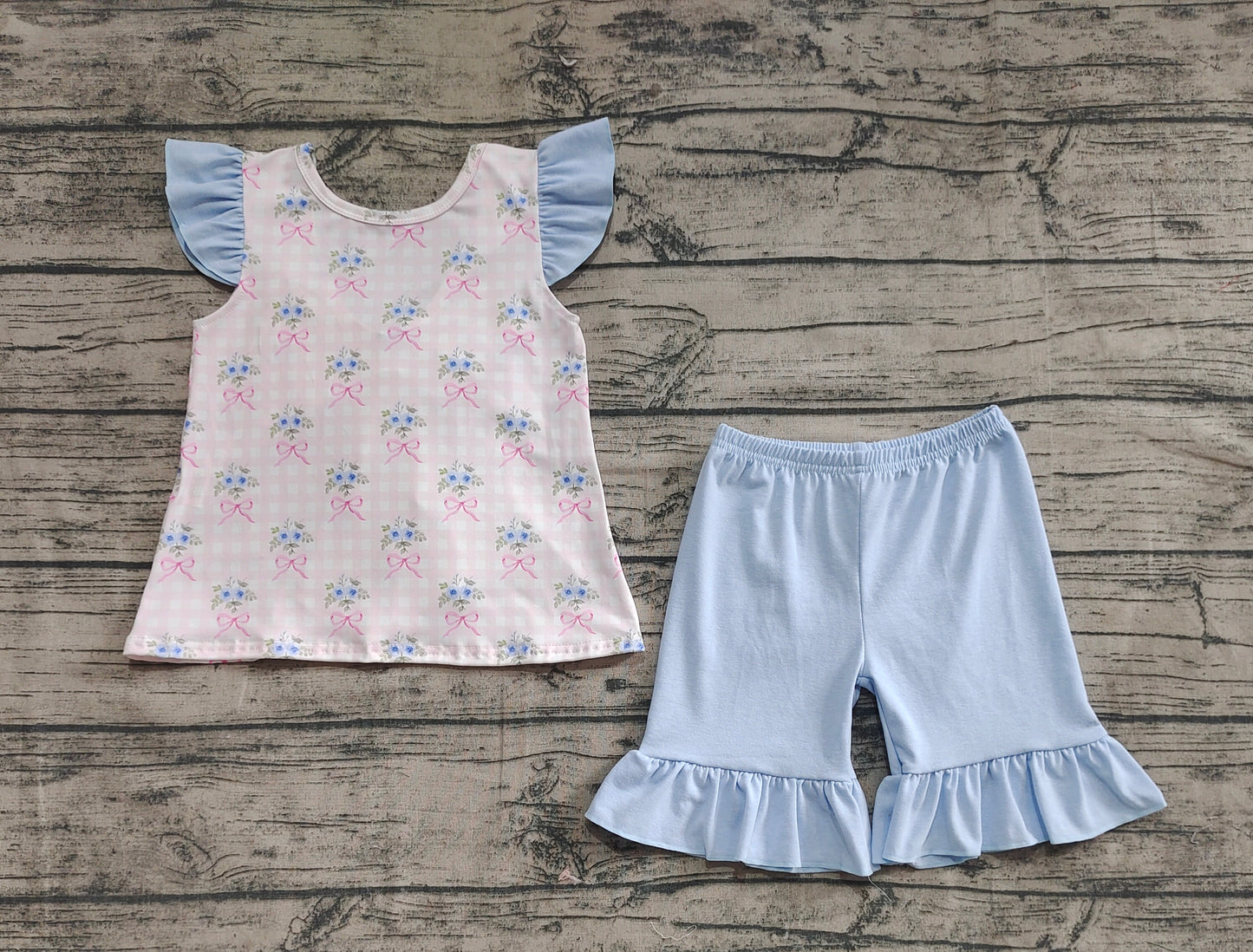 4.8 GSSO1577  Baby Girls Pink Checkered Bows Tunic Ruffle Shorts Clothes Sets Pre order