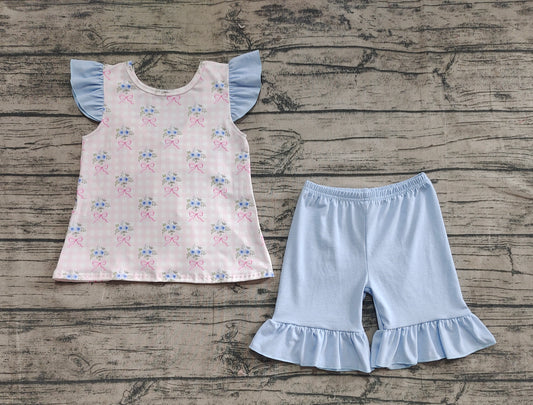 4.8 GSSO1577  Baby Girls Pink Checkered Bows Tunic Ruffle Shorts Clothes Sets Pre order