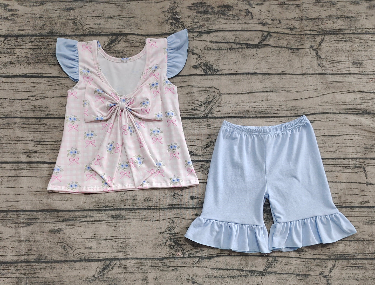4.8 GSSO1577  Baby Girls Pink Checkered Bows Tunic Ruffle Shorts Clothes Sets Pre order