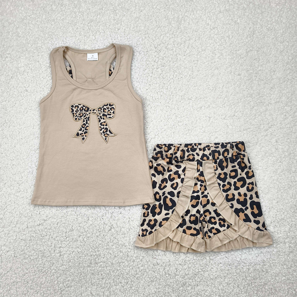 RTS NO MOQ Baby Girls Summer Sets GSSO1603 Embroidery Khaki Bow Vest Top Leopard Ruffle Shorts Clothes Sets
