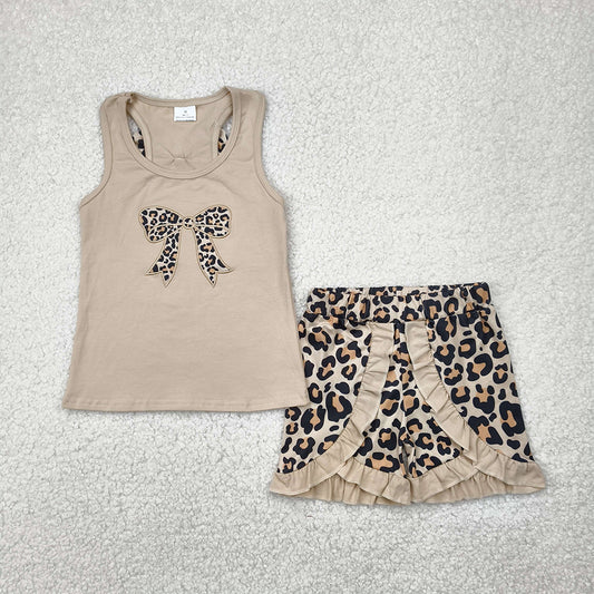 RTS NO MOQ Baby Girls Summer Sets GSSO1603 Embroidery Khaki Bow Vest Top Leopard Ruffle Shorts Clothes Sets