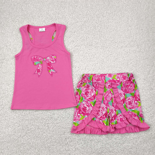 RTS NO MOQ Baby Girls Summer Sets GSSO1605 Embroidery Flower Bow Vest Top Ruffle Shorts Clothes Sets