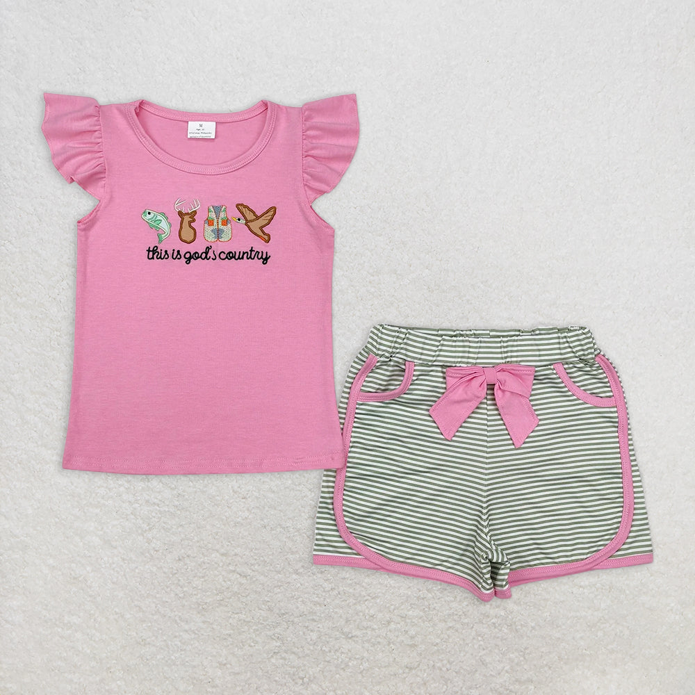 RTS NO MOQ Baby Girls Summer Sets GSSO1614 God Country Hunting Shirt Bow Shorts Clothes Sets