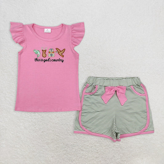 RTS NO MOQ Baby Girls Summer Sets GSSO1614 God Country Hunting Shirt Bow Shorts Clothes Sets
