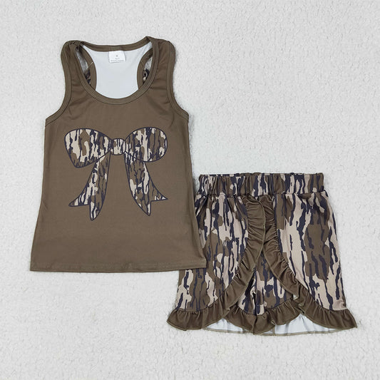 6.16 RTS NO MOQ Baby Girls Summer Sets GSSO1627 Dark Green Bows Vest Ruffle Bottomland Camo Shorts Clothes Sets