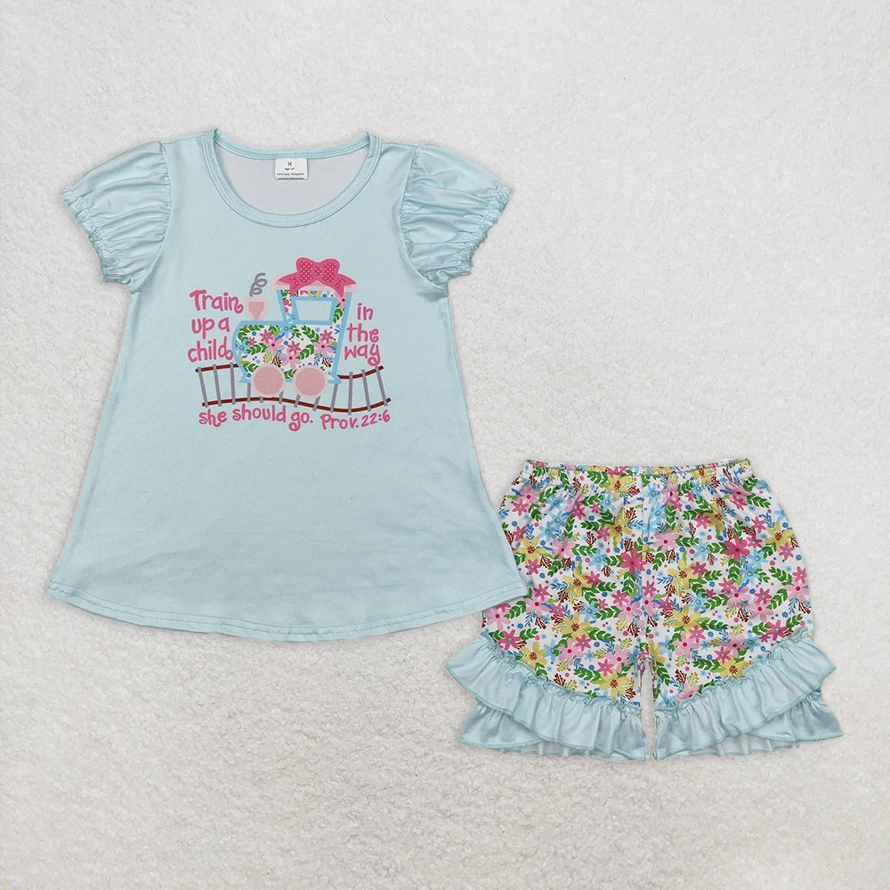 5.26 RTS NO MOQ Baby Girls Summer Sets GSSO1643 Flowers Trucks Tunic Ruffle Shorts Clothes Sets