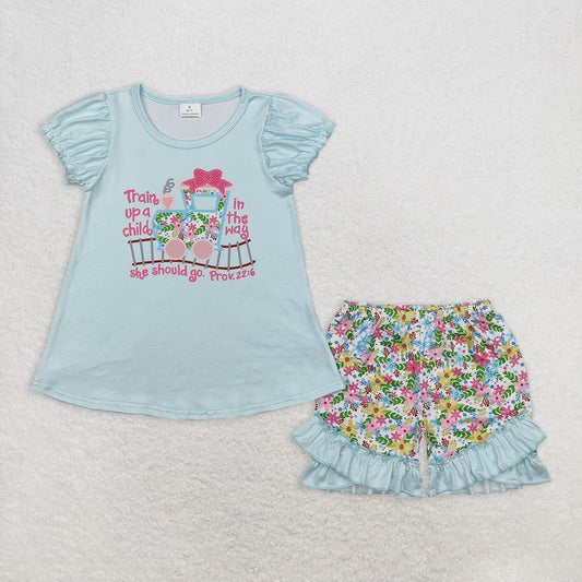 5.26 RTS NO MOQ Baby Girls Summer Sets GSSO1643 Flowers Trucks Tunic Ruffle Shorts Clothes Sets