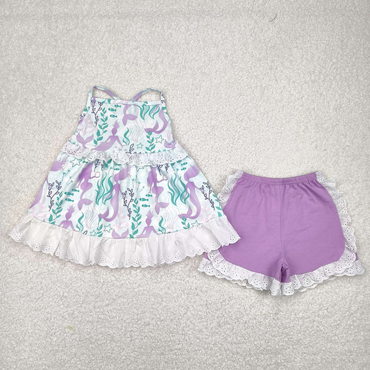 RTS NO MOQ Baby Girls Summer Sets GSSO1675 Mermaid Lace Ruffle Tunic Shorts Clothes Sets