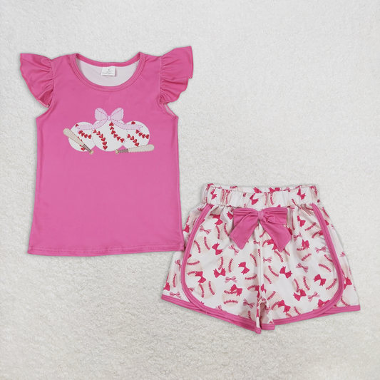 RTS NO MOQ Baby Girls Summer Sets GSSO1685 Pink Baseball Bows Shirts Bows Shorts Clothes Sets
