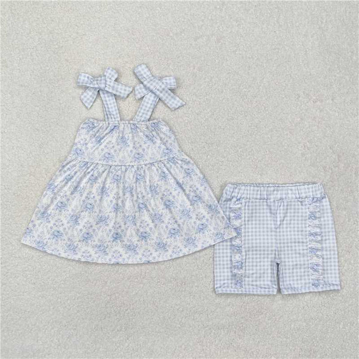 RTS NO MOQ Summer Sibling Baby Girls Blue Flowers Straps Tunic Ruffle Short Sets Knee Length Dresses