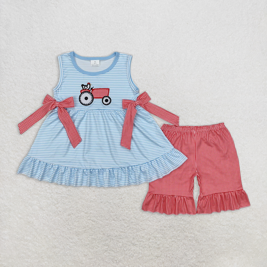 RTS NO MOQ Baby Girls Summer Sets GSSO1728 Farm Chicken Bow Tunic Ruffle Shorts Clothes Sets
