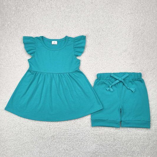 RTS NO MOQ Baby Girls Summer Sets GSSO1731 Blue Cotton Tunic Top Shorts Clothes Sets