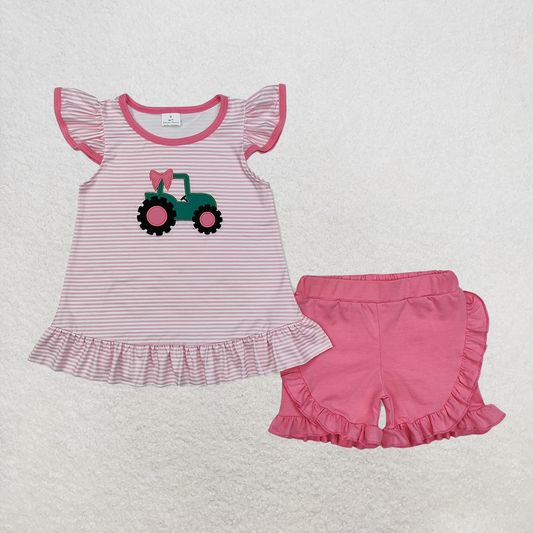 RTS NO MOQ Baby Girls Summer Sets GSSO1757 Pink Truck Bow Tunic Shorts Clothes Sets