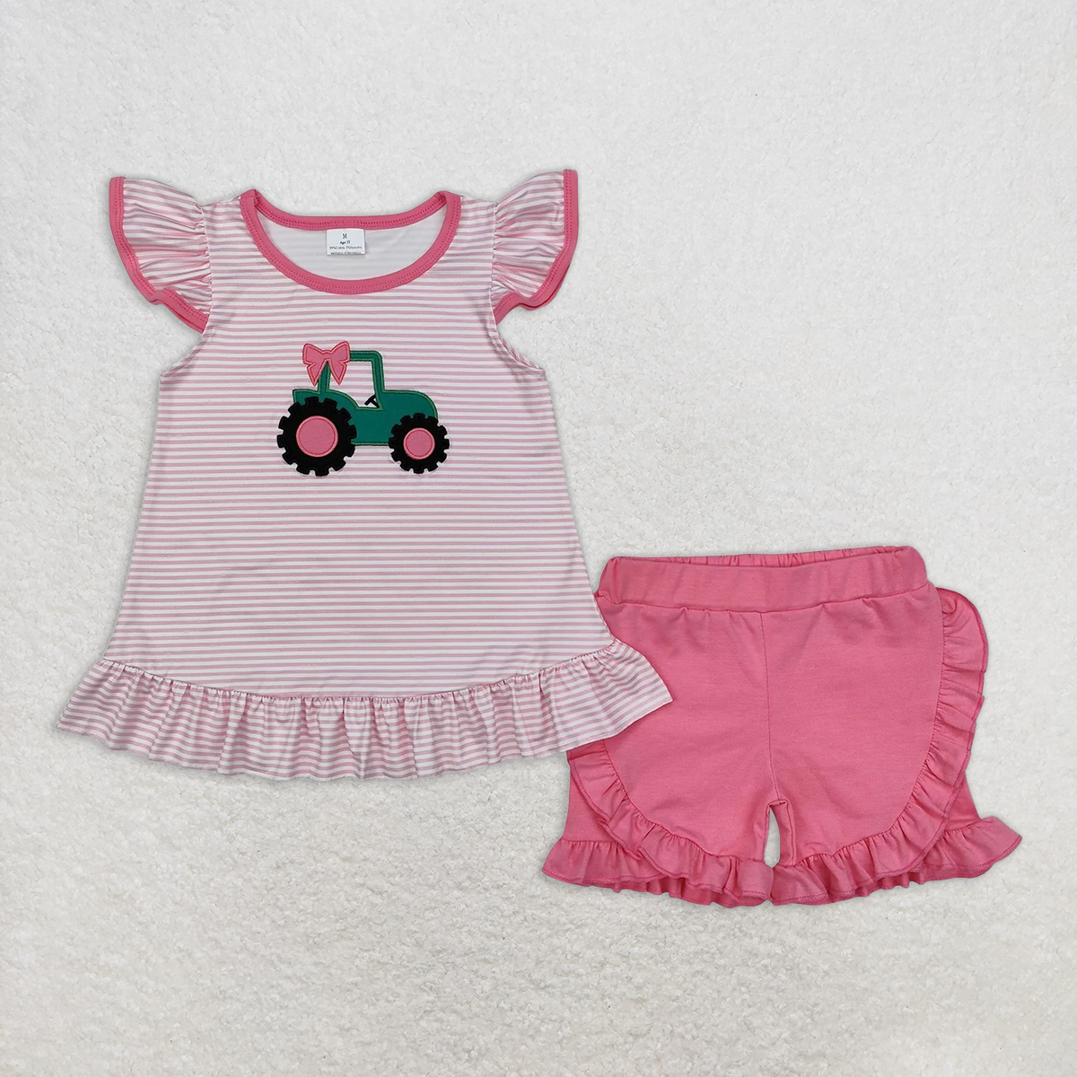RTS NO MOQ Summer Sibling Baby Girls Pink Truck Bow Tunic Shorts Clothes Sets