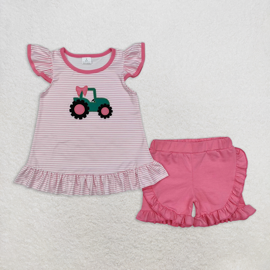 RTS NO MOQ Summer Sibling Baby Girls Pink Truck Bow Tunic Shorts Clothes Sets