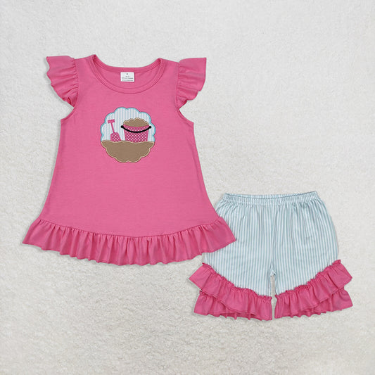 6.16 RTS NO MOQ Baby Girls Summer Sets GSSO1785 Pink Beach Tunic Ruffle Shorts Clothes Sets