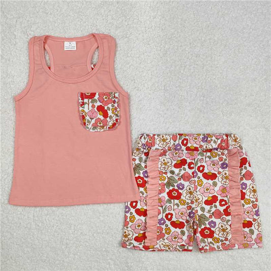 RTS NO MOQ Baby Girls Summer sets GSSO1793 Pink Vest Shirt Flowers Shorts Clothes Sets