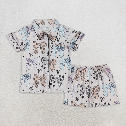 RTS NO MOQ Baby Girls Summer Sets GSSO1810 Bows Buttons Shirts Shorts Pajamas Clothes Sets