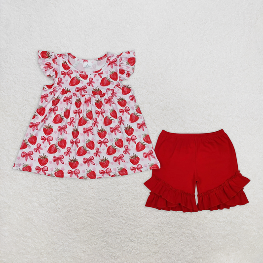 RTS NO MOQ Baby Girls Summer Sets GSSO1902 Strawberry Bows Tunic Ruffle Shorts Clothes Sets