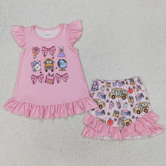 RTS NO MOQ Baby Girls Summer Sets GSSO1910 Pencil Pink Bow Back To School Tunic Ruffle Shorts Clothes Sets