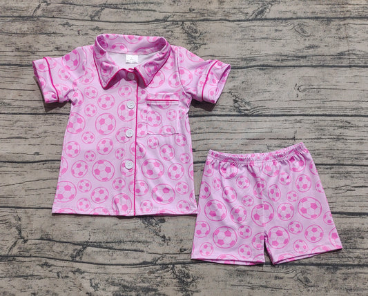 3.31 GSSO1957 Baby Girls Pink Soccer Buttons Shirt Shorts Pajamas Clothes Sets Pre order