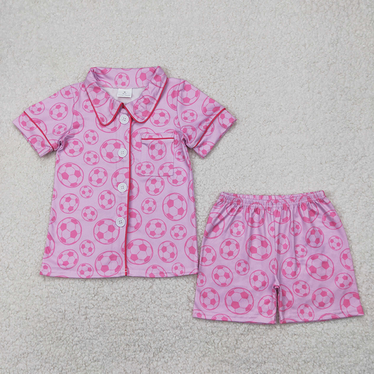 RTS NO MOQ Baby Girls Summer Sets GSSO1957 Pink Soccer Buttons Shirt Shorts Pajamas Clothes Sets
