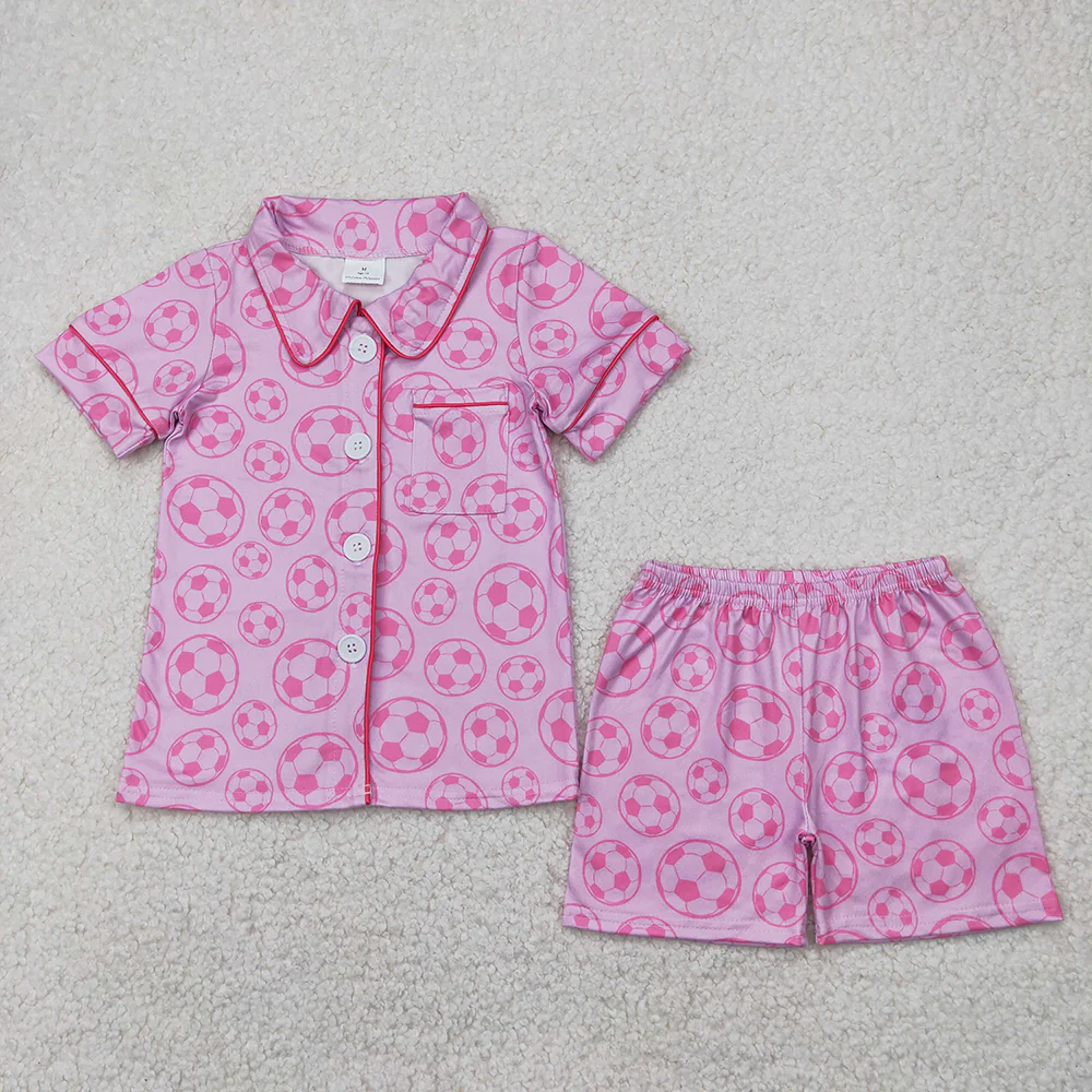 7.7 RTS NO MOQ Summer Sibling Baby Girls Pink Sports Buttons Top Shorts Pajamas Outfits