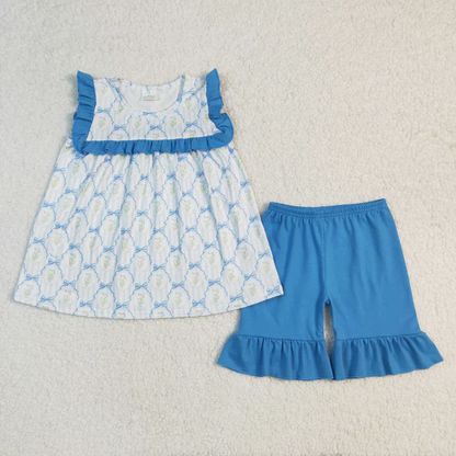 RTS NO MOQ Summer Sibling Baby Girls Bows Flowers Tunic Ruffle Shorts Sets