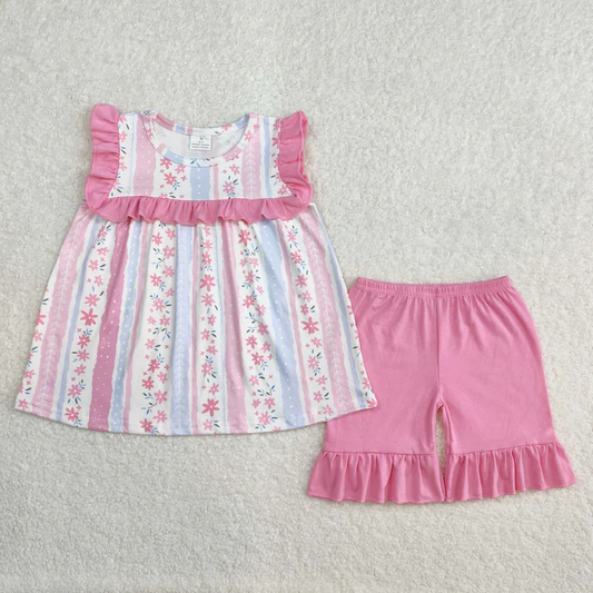 RTS NO MOQ Summer Sibling Baby Girls Bows Flowers Tunic Ruffle Shorts Sets