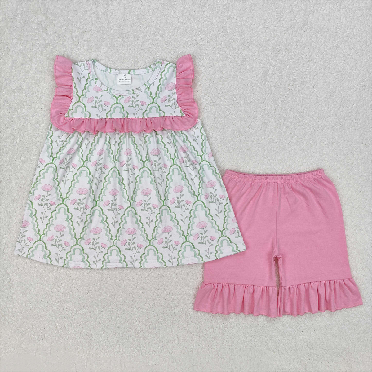 RTS NO MOQ Baby Girls Summer Sets GSSO2013 Green Bows Pink Flowers Tunic Shorts Sets