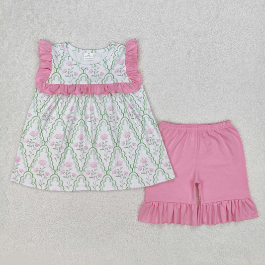 RTS NO MOQ Baby Girls Summer Sets GSSO2013 Green Bows Pink Flowers Tunic Shorts Sets