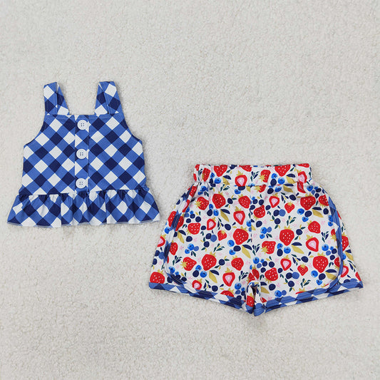 RTS NO MOQ Baby Girls Summer Sets GSSO2025 Checkered Straps Tunic Fruits Shorts Sets