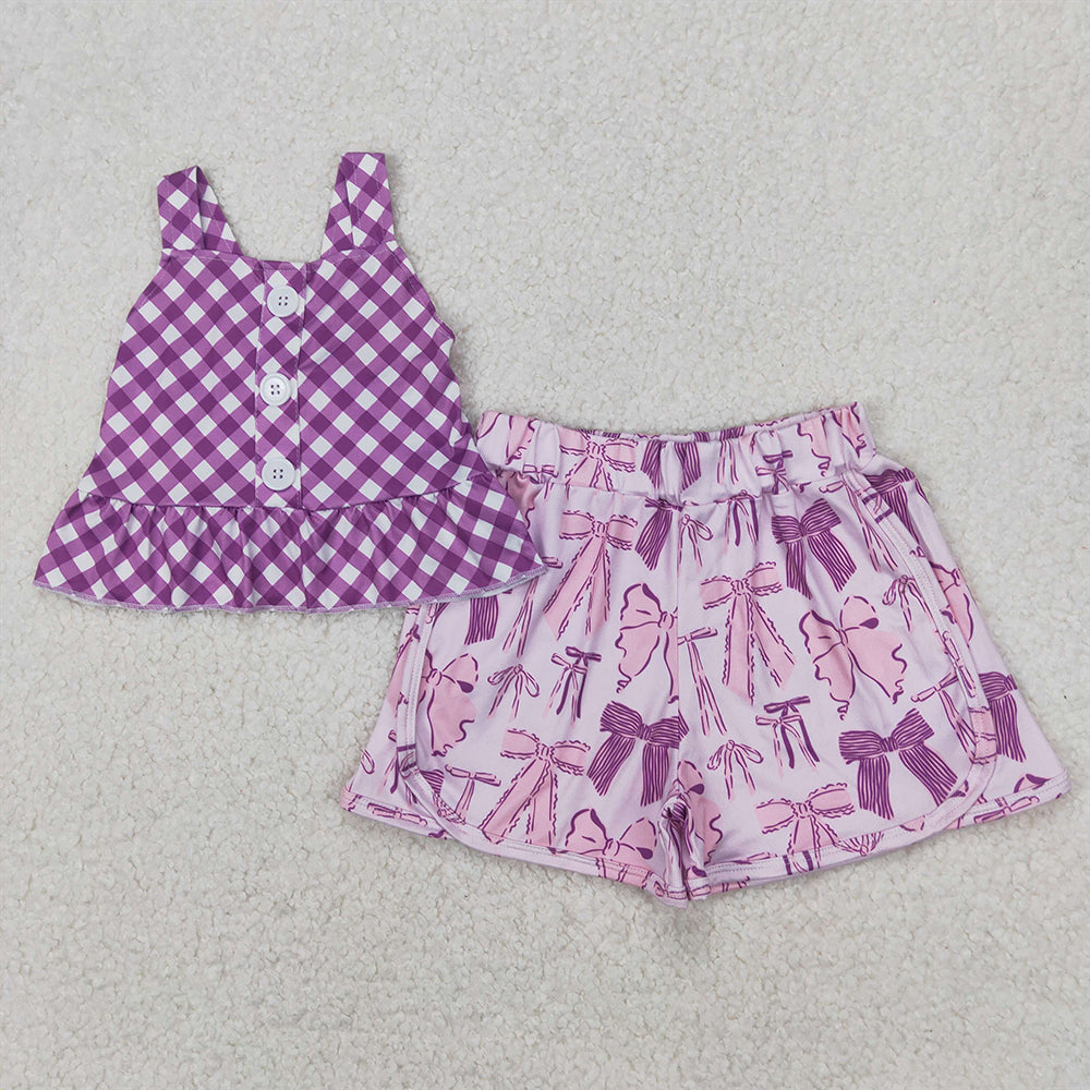 RTS NO MOQ Baby Girls Summer Sets GSSO2035 Purple Checkered Straps Top Bows Shorts Clothes Sets