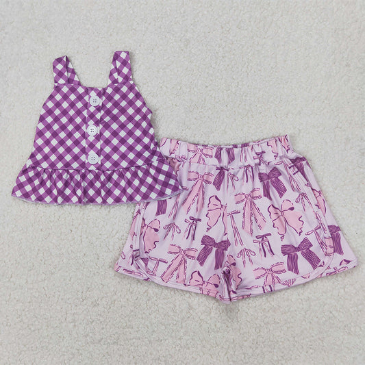 RTS NO MOQ Baby Girls Summer Sets GSSO2035 Purple Checkered Straps Top Bows Shorts Clothes Sets