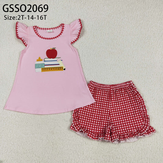 6.12 RTS NO MOQ Baby Girls Summer Sets GSSO2069 Embroidery Apple Back To School Books Tunic Ruffle Shorts Sets