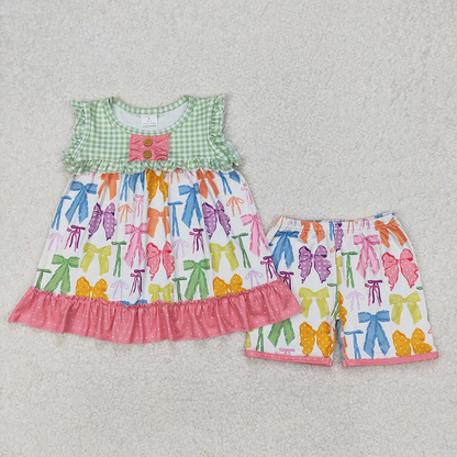 RTS NO MOQ Summer Sibling Baby Girls Sleeveless Colorful Bows Tops Shorts Outfits Sets