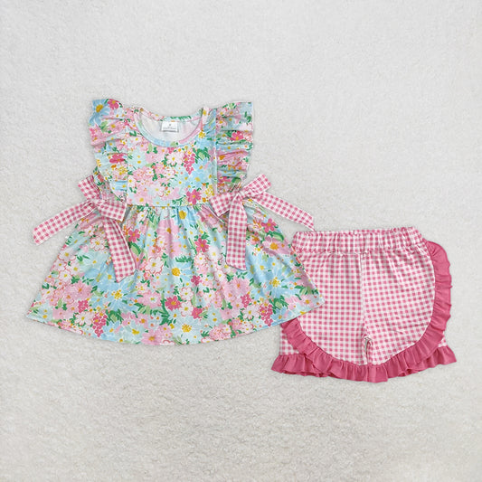 RTS NO MOQ Baby Girls Summer Sets GSSO2111 Blue Pink Flowers Bows Tunic Ruffle Shorts Clothes Sets