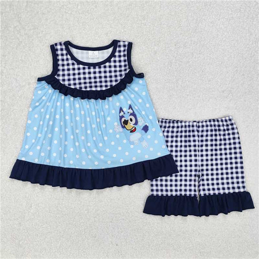 RTS NO MOQ Baby Girls Summer Sets GSSO2124 Blue Dots Dogs Tunic Ruffle Shorts Clothes Sets