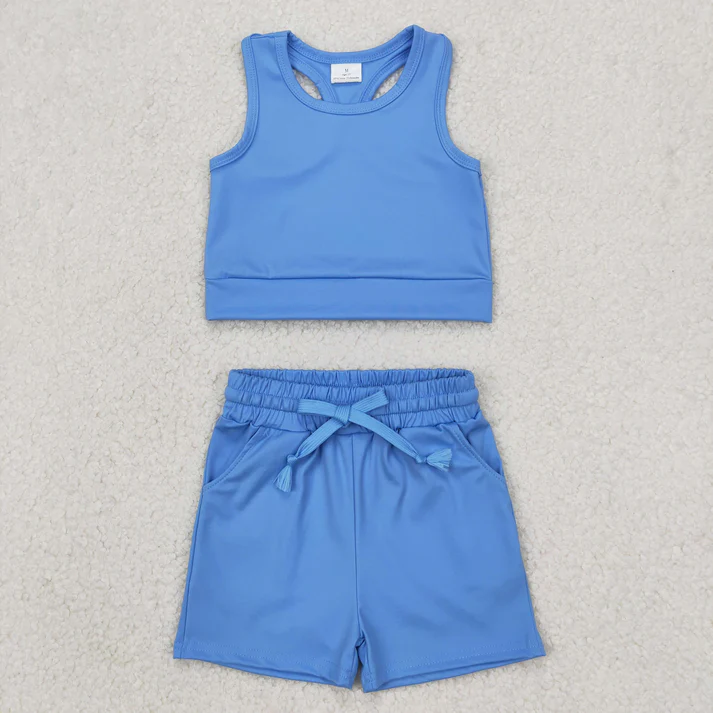 RTS NO MOQ Summer Sibling Baby Girls Blue Yoga Active Wear Top Shorts Clothes Sets