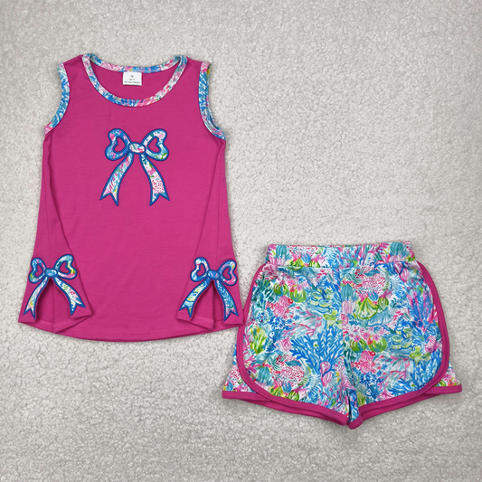 RTS NO MOQ Baby Girls Summer Sets GSSO2149 Embroidery Bow Tunic Top Flowers Shorts Clothes Sets